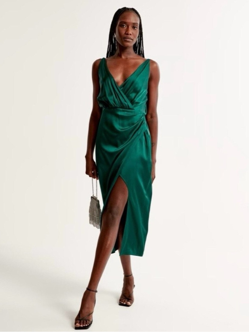 NWT Abercrombie & Fitch Satin Draped Wrap Midi Dress Emerald Green Small Petite